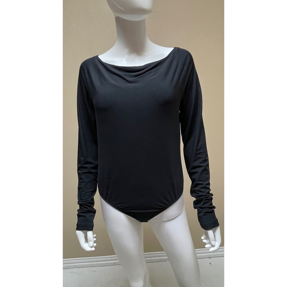 Donna Karan 90s Vintage Bodysuit Womens L Black Long Sleeve Silk Blend Stretch